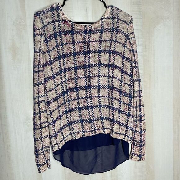 Lucky brand navy and beige plaid long sleeve top, size small - Picture 1 of 14